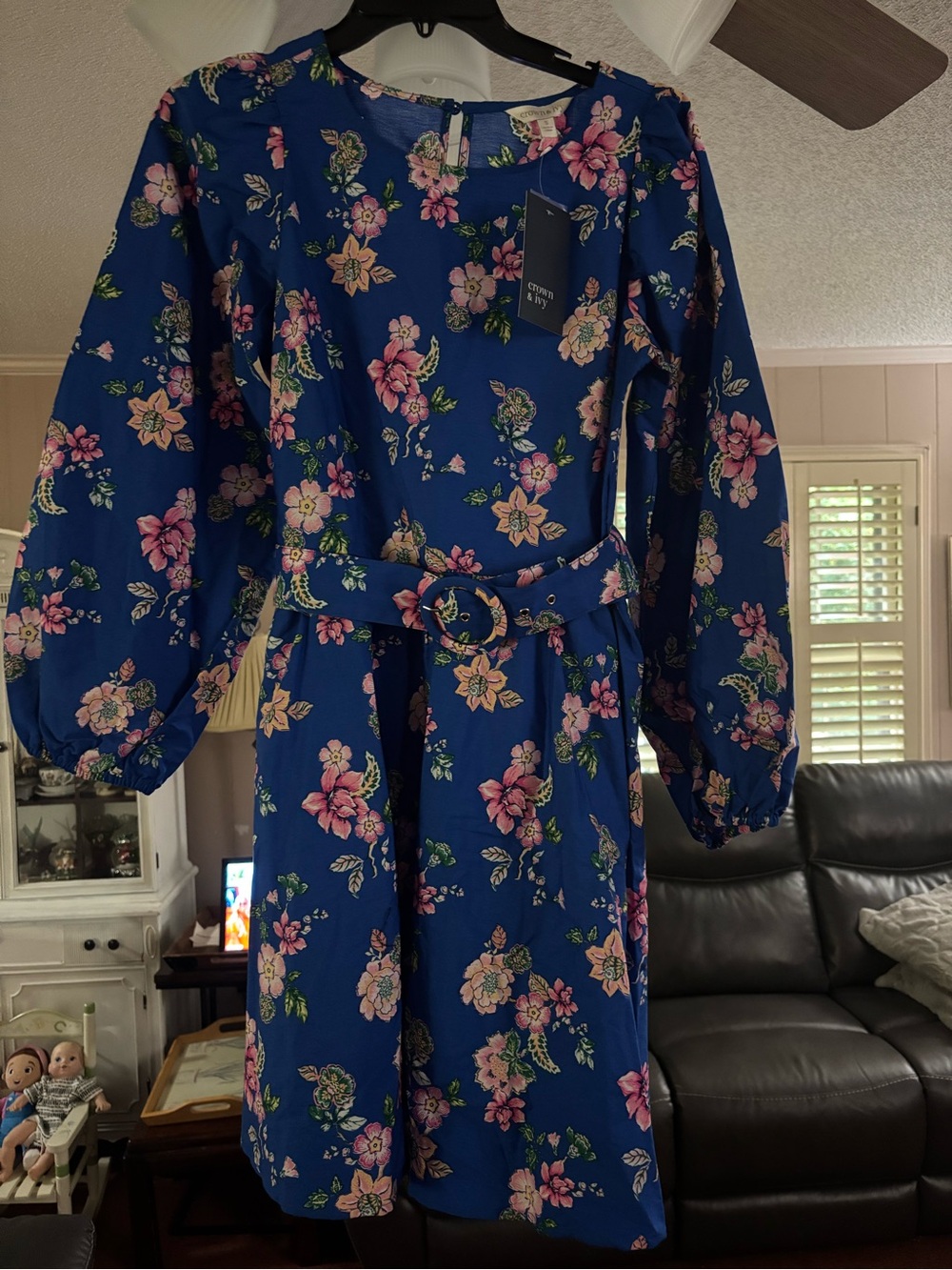 NWT crown & ivy Cotton Blue Floral Belted Mini Dress with Pockets S